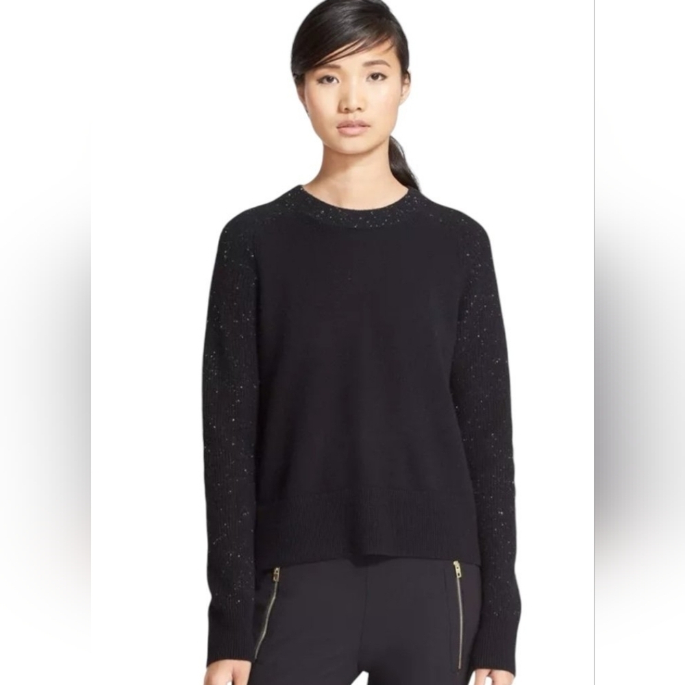 Rag & Bone Catherine Black Cashmere Crew Neck Speckled Sleeve Sweater
